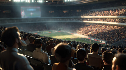 A fan is watching soccer match in a big football stadium with full of crowd. Soccer field in a...
