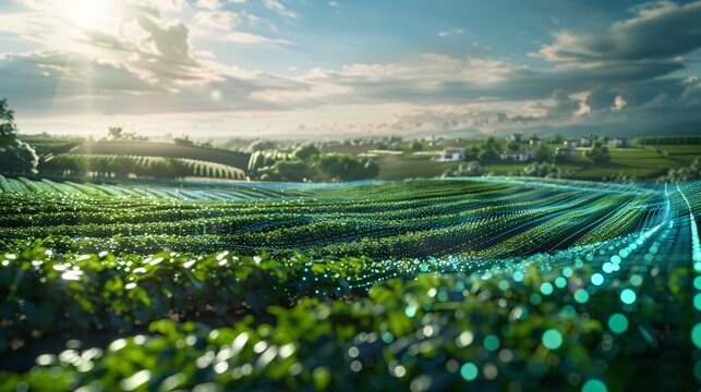 Green hills of tea plantation smart farm under sunset