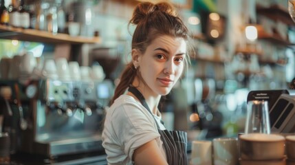 Portrait of a beautiful woman with an apron, a waitress at a daytime cafe, smiling at the camera in high resolution and high quality. waitress concept, attention