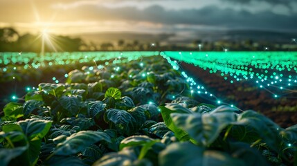 Green plants growing in a smart farm field with a sunset in the background.