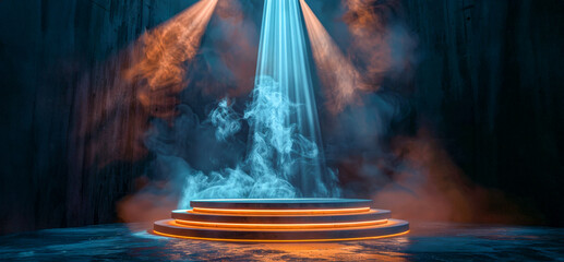 Dramatic stage with spotlight on circular steps in dark room - obrazy, fototapety, plakaty