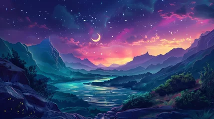Foto op Plexiglas enchanting night scenery with moon river mountains and stars fantasy landscape digital art book illustration © Bijac