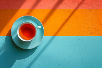 Tea cup on a colorful surface with bright light and shadows, copy space.. - 794129579