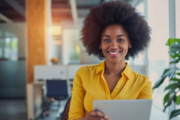 Young african american afro woman with blond curly hair with notebook in the office.