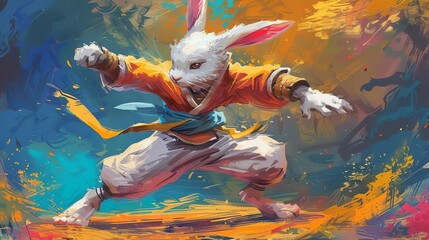 fierce kung fu rabbit warrior in dynamic fighting stance digital illustration