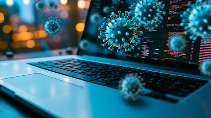 Digital virus particles floating from a laptop screen, symbolizing data security risks
