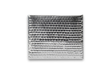 Sliver metallic blank empty plain foil packaging shipping bubble envelope bag mockup isolated on white background.3d rendering.