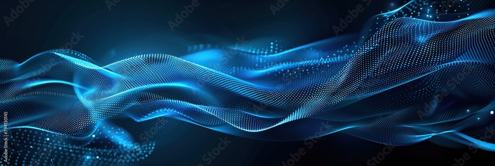 Poster abstract blue wave with dots and lines on dark background, technology concept banner.