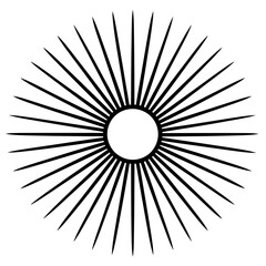 Obraz premium A black and white vector design featuring an array of straight lines arranged in the shape of radiating sun rays, centered on a pure white background. 