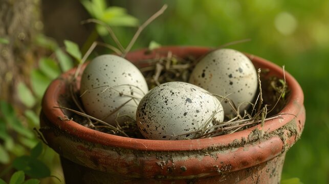 Four eggs of the grey partridge in a clay pot