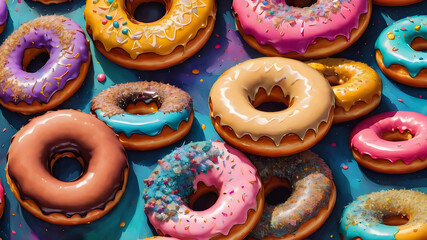 Top view of a variety of glazed donuts. Colorful donuts with icing as background. Various colorful glazed donuts with sprinkles.