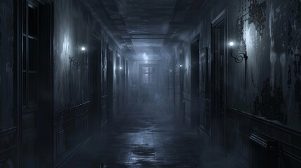 Fototapeta na wymiar Mysterious dark corridor with dim lights and eerie atmosphere