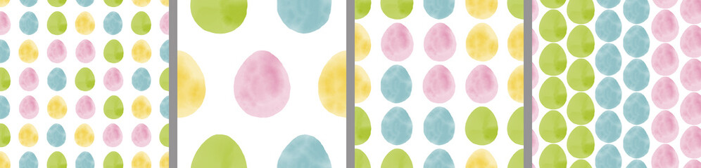 Watercolor set of seamless patterns. Collection of hand drawn pastel Easter eggs