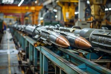 Workshop for the production of military missiles weapon, working specialists work assembling weapons for attack and defense.