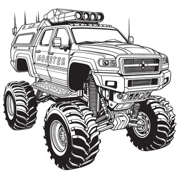 recommend clip art: monster truck coloring page printable. Monster truck colouring page: black vector outlines isolated on a white background