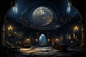 The mystical interior of a large room or hall that looks enchanted and abandoned