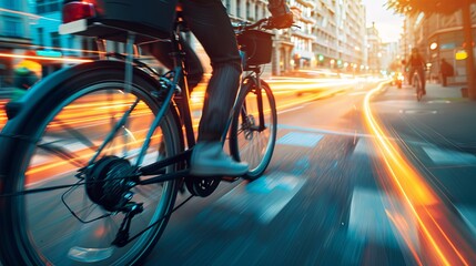 Fototapeta na wymiar Urban cyclist on a city street at twilight with light trails