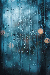 Raindrops falling gently onto a windowpane, with streaks of blue and silver conveying a sense of melancholy and renewal. 