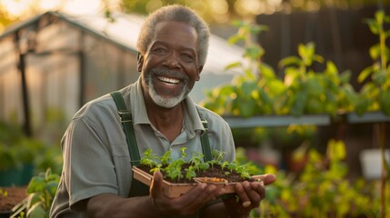 Smiling Man Holding Seedlings