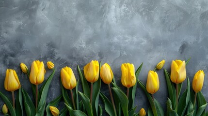 A vibrant spring bouquet of yellow tulips stands out against a soft gray backdrop in a top down view creating a striking banner image