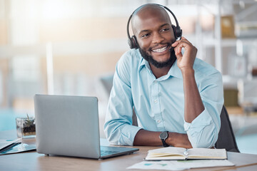 Black man, headset and consultant in office, laptop and call centre operator or secretary. Male...