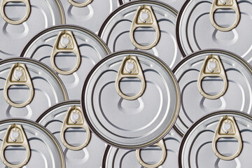 Metal food can. Sealed metal container. Round metal lid texture. Top view conserves. Canned food...