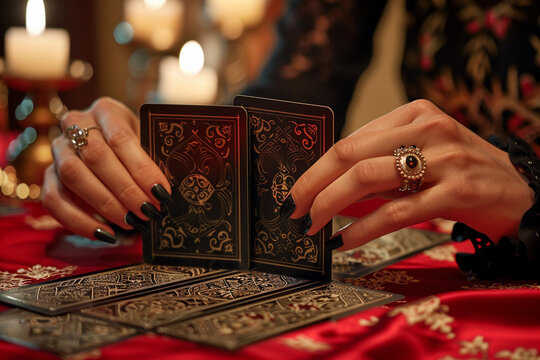 Gros plan d'une voyante qui tire les cartes de tarot