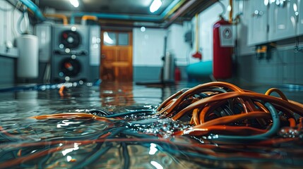 Flooded laundry room with floating orange cable