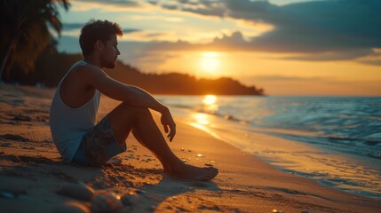 Against the backdrop of a setting sun and calm ocean, a young man sits in quiet contemplation on a tropical beach as dusk settles in - Powered by Adobe