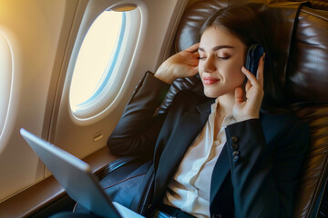 Femme d'affaire écoutant de la musique en avion