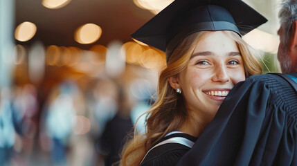 Happy young woman with her father on graduation day. Smiling female student embraces her father after graduation ceremony. Young woman in graduation gown and cap hugging her parents