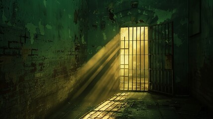 Mysterious light beams shining through an old prison gate