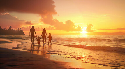 Fototapeta premium An intimate moment as a family stands by the ocean edge, captivated by the rich colors of the setting sun reflecting on the water