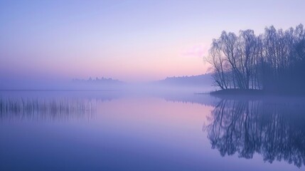 Tranquil sunrise over a serene misty lake with soft pastel colors