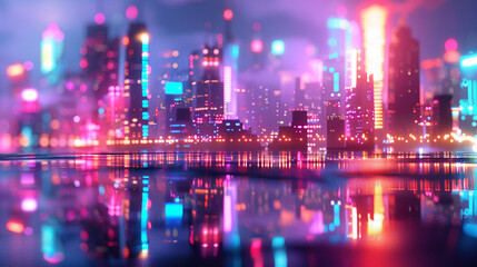 Fototapeta premium Futuristic neon landscape with city lights blurred into a colorful bokeh effect evoking a sense of motion