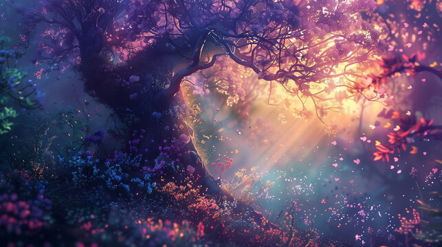 Beautiful fantasy landscape with old tree and rays of light. 3d rendering