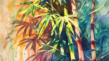 Colorful bamboo watercolor painting with vibrant natural tones