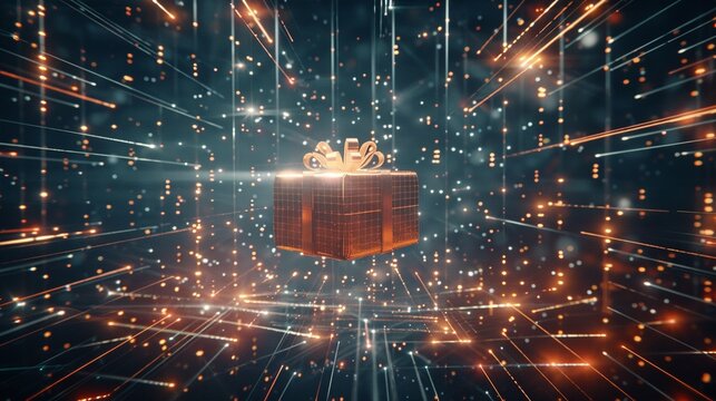 High tech gift box suspended in a digital universe connected by beams of light and a sparkling ribbon