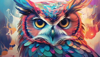 Abstract animal Owl portrait with colorful double exposure paint - obrazy, fototapety, plakaty