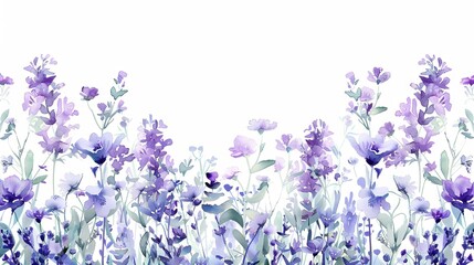 Purple watercolor flower border on a white background