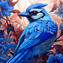 blue jay on a branch with flowers - obrazy, fototapety, plakaty