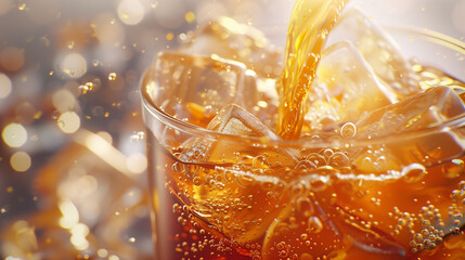 A glass of soda with ice cubes in it is pouring out of the glass. The image has a light and playful mood, as the soda is being poured out of the glass in a fun and casual way