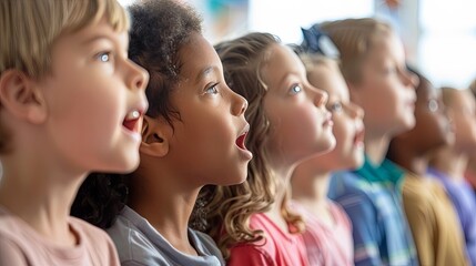 Fototapeta premium Curious diverse group of children looking up in wonder