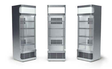Retail fridge with glass doors. 3d illustration set on white background