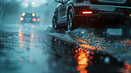 Rainy city street with cars and shimmering reflections