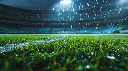 Raindrops on Vibrant Green Grass in Stadium at Night