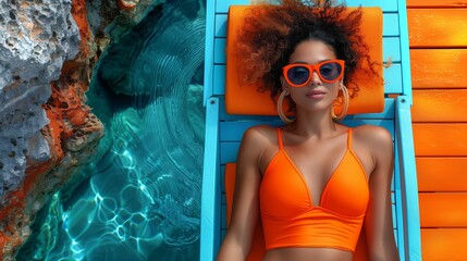 Serene african american young adult woman in swimwear and sunglasses enjoying a leisurely tropical vacation relaxation on a beach chair by the turquoise waters. Basking in the vibrant sunshine - obrazy, fototapety, plakaty