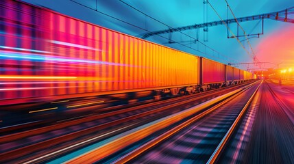 Vivid high-speed cargo train in motion at twilight