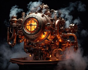 A dramatic magazinestyle image showcasing a gigantic mech with steampunk aesthetics, including polished copper pipes, immersed in swirling steam and glowing heat, in a vivid display - obrazy, fototapety, plakaty