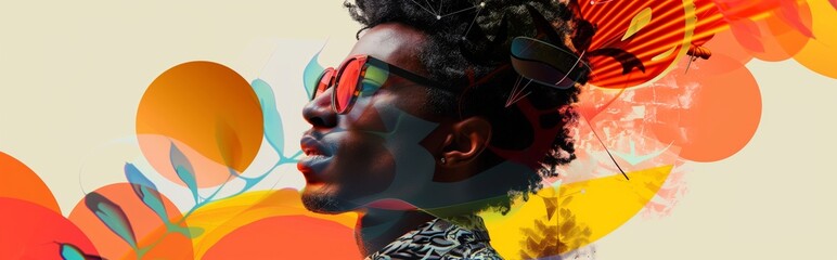 Stylish young man with sunglasses overlaid with vibrant, abstract floral elements in a dynamic, artistic and modern conceptual graphic design. Panoramic banner with african american male